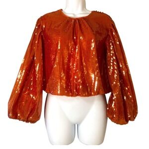 JCrew Orange Sequin Balloon Sleeve Cropped Blouse Top women Small festival